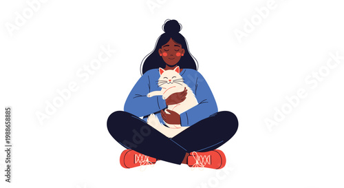 Peaceful woman sitting cross-legged and warmly hugging her white pet cat expressing love, affection, and emotional support.