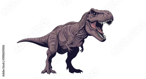 Large tyrannosaurus rex dinosaur stands with open mouth showing sharp teeth in a powerful roaring pose isolated on white background.