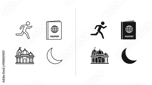Contrasting icons of travel, architecture, and time representation