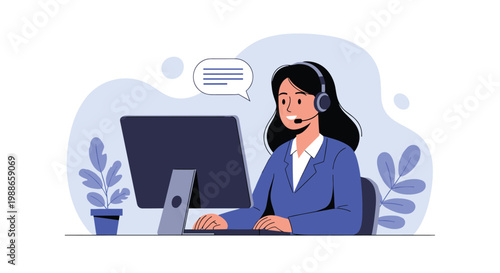 Female customer service representative wearing headset works at a computer desk with speech bubble showing message notification.