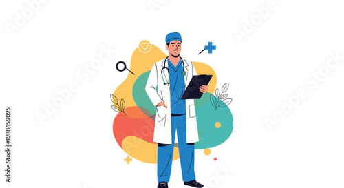 Male doctor in blue scrubs and white lab coat holding a clipboard stands in front of colorful abstract shapes and medical icons.