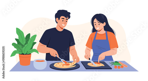 Man and woman working together in a kitchen preparing and cutting homemade pizza on a counter with a potted plant.