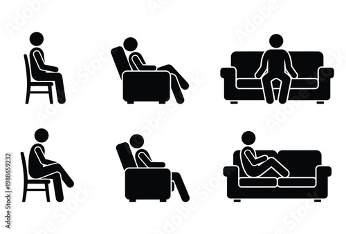 Various people sitting in different furniture including chairs and sofas in black silhouette