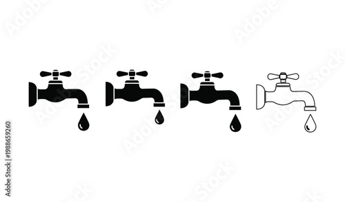 Four faucet icons with water drops in black and white on a pure