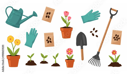 Vibrant gardening vector set with tools seeds flowers and planting equipment isolated on white