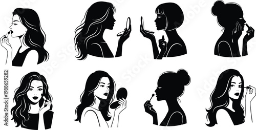 Set of eight black and white vector silhouettes featuring elegant women applying makeup and looking in a compact hand mirror.