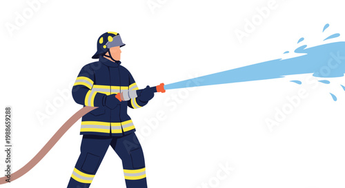 Firefighter in full protective gear spraying a powerful stream of water from a fire hose against a white background.