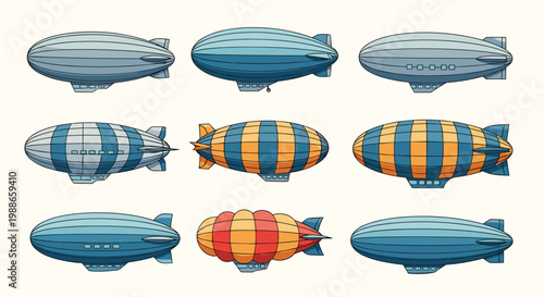 Various types of vintage and modern dirigibles, blimps, and airships in different colors and patterns isolated on white.