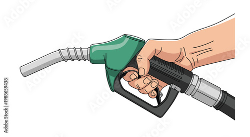 Human hand gripping a green fuel nozzle as if pumping gasoline into a car isolated on a white background.