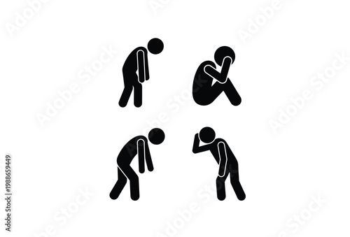 Four stick figure silhouettes depicting different expressions of sadness and despair silhouette