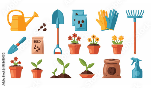 Colorful gardening tools and flowers vector set with seeds pots and spring planting equipment