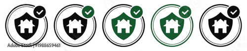 Residential property insurance badges with house inside shield and check mark symbols set design.