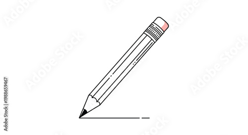 Simple graphite pencil with an eraser tip drawing a thin black line on a plain white surface isolated background.