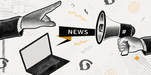 Breaking news announcement with hand pointing toward a laptop screen