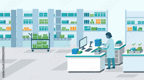 Pharmacy Logistics Concept With Shelving and Package Flow