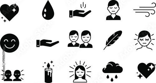 Set of fifteen black vector icons illustrating mindfulness, meditation, spiritual healing, inner peace, positive human emotions, and natural wellness concepts.