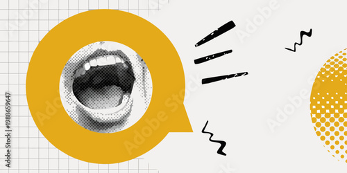 A stylized illustration of a shouting mouth with speech bubbles