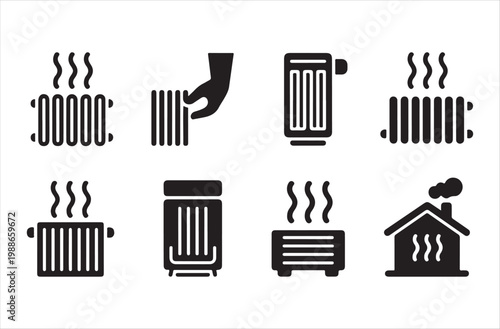 Central heating system and portable radiator icons set for indoor climate management and warm home.