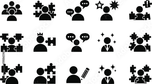 Set of fifteen black vector icons showing business teamwork, corporate communication, problem solving, leadership, creative thinking, and human mind concepts.