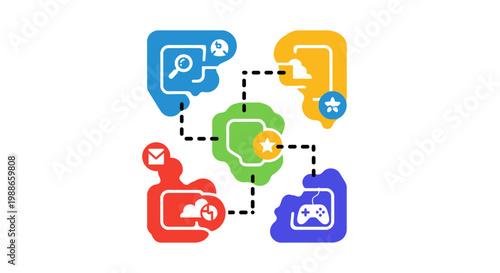 Abstract Colorful Icons Connected in Network Diagram.