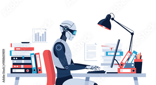 Futuristic humanoid robot sitting at an office desk working on a computer surrounded by stacks of files and documents.