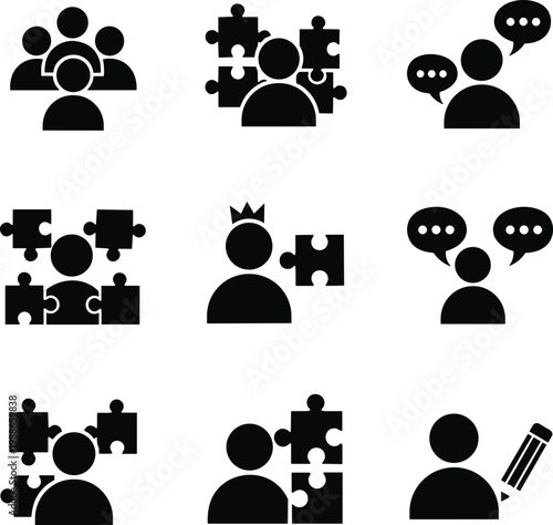 Set of nine black vector icons showing business teamwork, leadership, communication, puzzle problem solving, and creative writing human mind concepts.