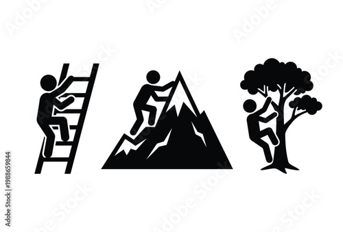 A series of black figures ascending obstacles representing growth and achievement silhouette