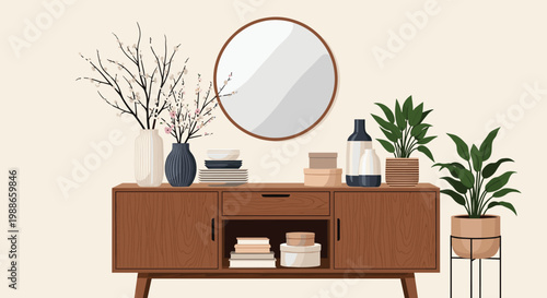 Modern wooden sideboard cabinet decorated with vases, plants, stacks of plates, and a round mirror on the wall.