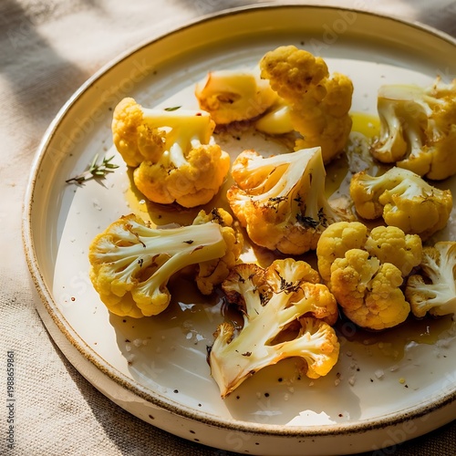 Roasted cauliflower on a white ceramic plate, a plate with golden fried cauliflower florets on a natural linen tablecloth, top view