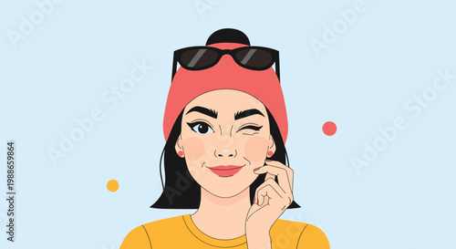 Stylish young woman with dark hair and a pink beanie winking at the camera against a light blue background.
