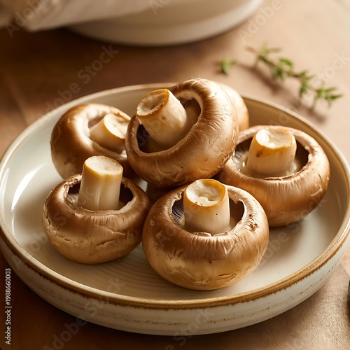 Baked champignons on a white ceramic plate, a plate with large fried champignons on a natural linen tablecloth, top view