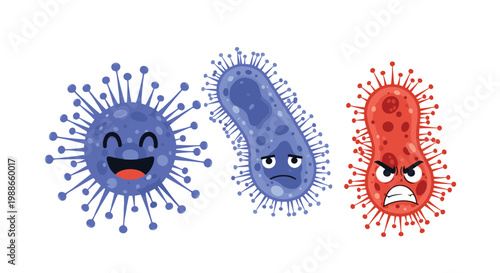 Group of three colorful cartoon microbe characters representing different emotions including happy, sad, and angry expressions.