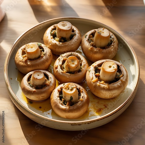 Baked champignons on a white ceramic plate, a plate with large fried champignons on a natural linen tablecloth, top view