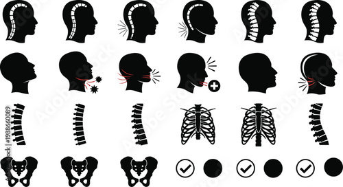 Set of twenty four black vector icons showing human spine anatomy, neck pain, sore throat, ribcage, and pelvis bone concepts.