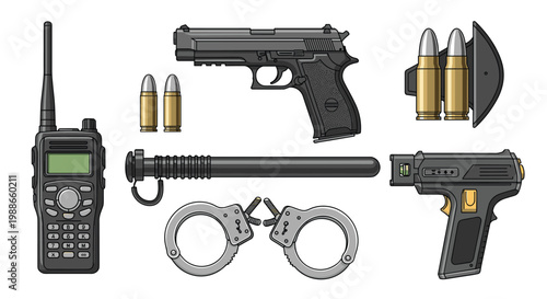 Professional police and law enforcement equipment including a handgun, handcuffs, baton, radio, and ammunition on white.