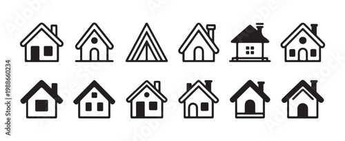 Minimalist house and tent line icons highlighting simple residential silhouettes and outdoor camping sites.