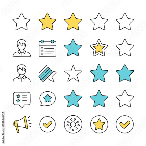 A set of colorful star icons and other related symbols in various styles and colors