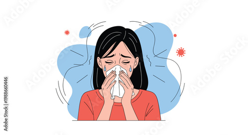 Young woman suffering from a cold or flu sneezing into a tissue while surrounded by red virus and germ symbols.