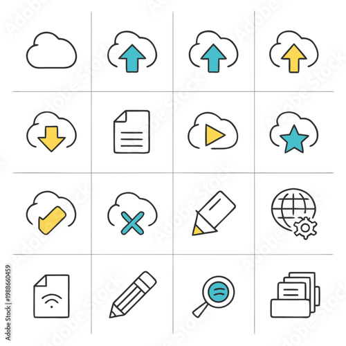Collection of colorful line icons for cloud storage and document management