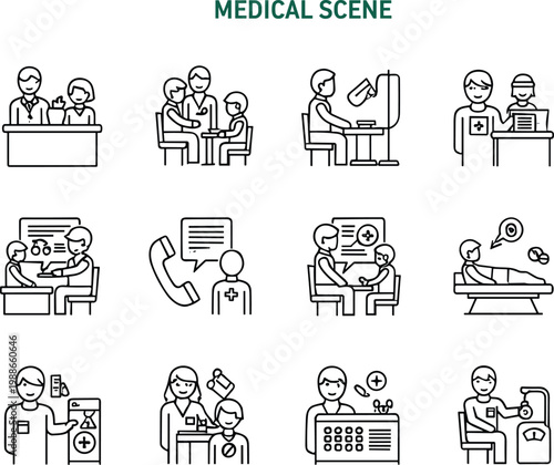 Medical scene line icons set featuring healthcare professionals, patient consultations, physical exams, pharmacy services, telemedicine calls, surgery, and clinical treatment symbols.