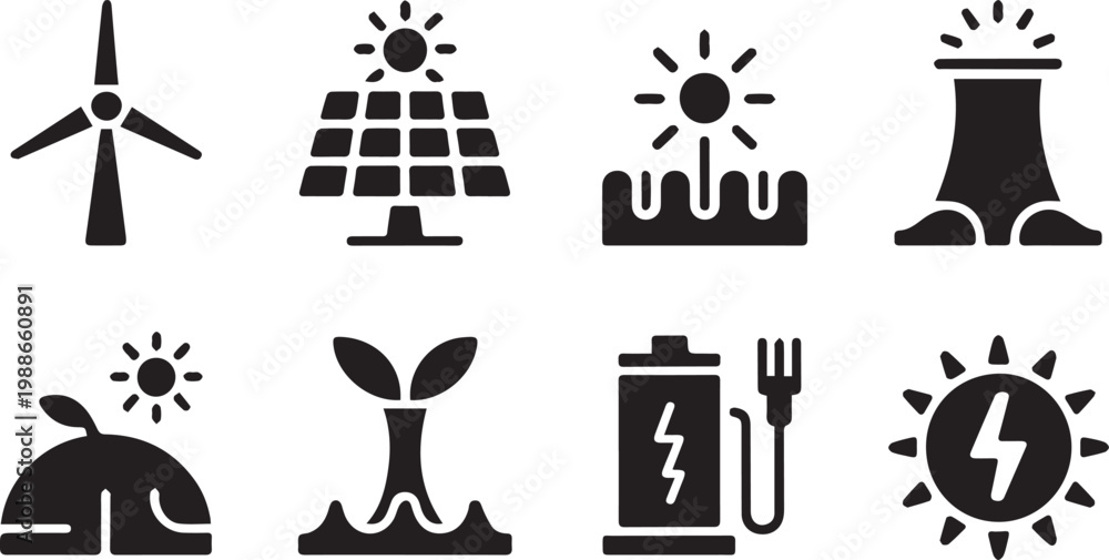 Fototapeta premium Diverse set of renewable energy icons including wind turbines solar panels geothermal and hydro power sources isolated on transparent background
