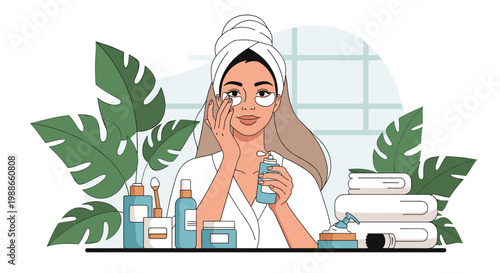 Young woman in a white bathrobe and head towel applying eye patches and skincare products at a beauty vanity table.