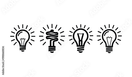 Four black light bulb icons with rays on for business concept
