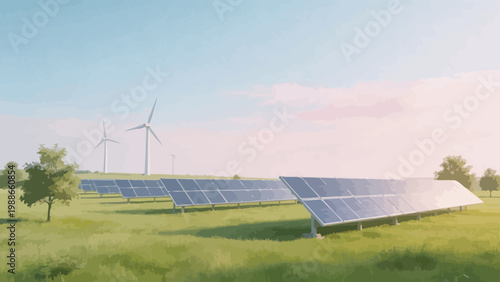Solar panels and wind turbines in field