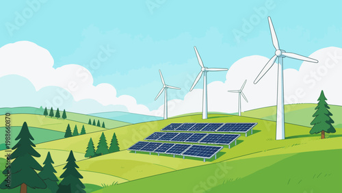 Renewable energy landscape with wind turbines and solar panels