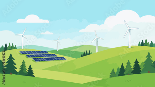 Renewable energy landscape with wind turbines and solar panels