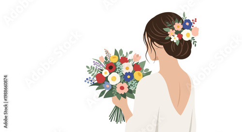 Back view of a bride with a beautiful floral hairpiece holding a vibrant bouquet of various colorful flowers on her day.