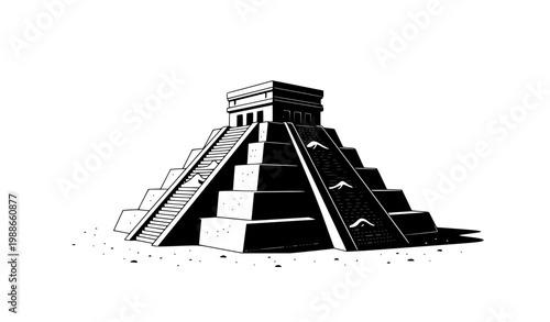 Mayan Pyramid Sand Sculpture on Tropical Beach Black and White Vector Illustration