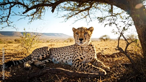 Magnificent cheetah resting in the shade of a tree under the African savanna sun in nature