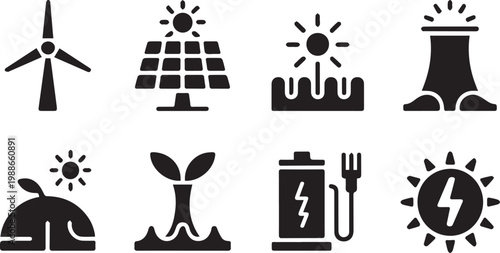 Diverse set of renewable energy icons including wind turbines solar panels geothermal and hydro power sources isolated on transparent background